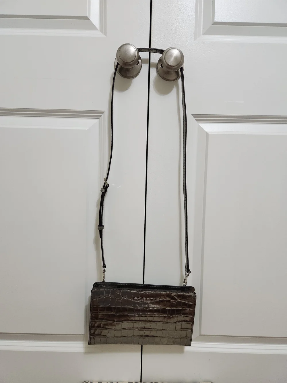 Michael Kors  Silver Metallic Crocodile Embossed Leather Crossbody Bag